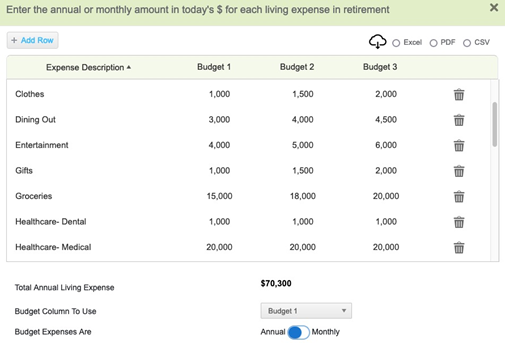 A budget in WealthTrace retirement planning software