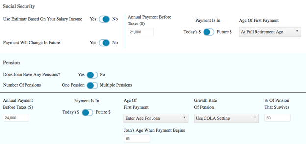 Entering Social Security and pension information in WealthTrace