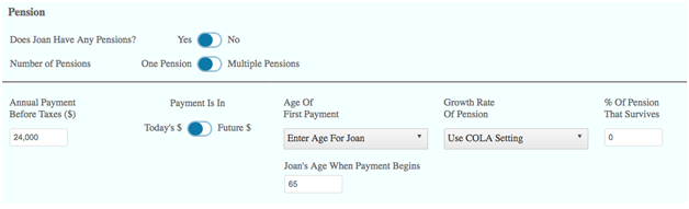 Pension information in WealthTrace